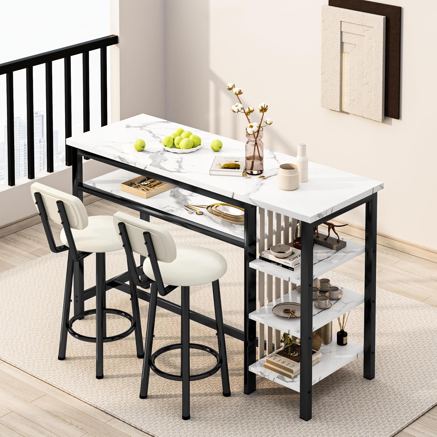 3-Piece Bar Table and Chairs Set,Modern White Faux Marble Table with 2 PU Cushion Bar Stools,3 Tier Storage Shelves, Black Frame