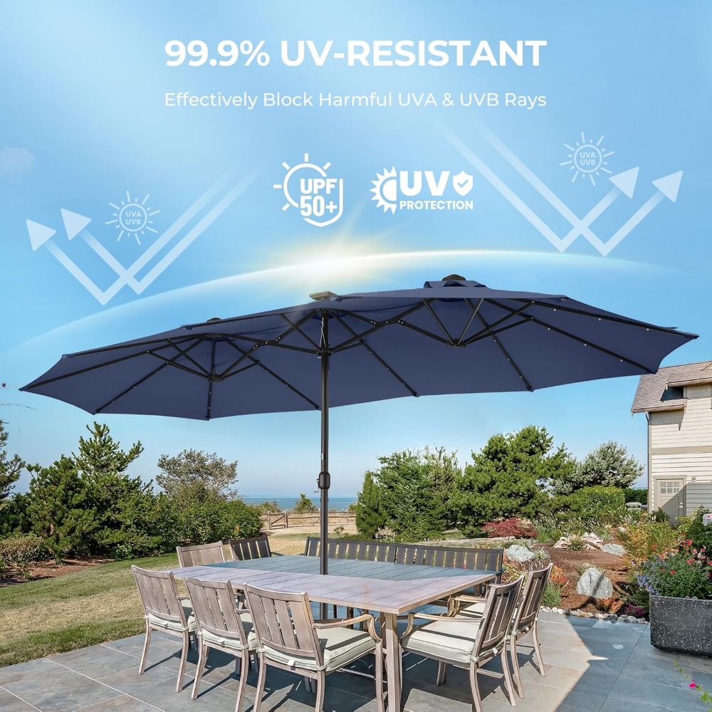 Double Sided Patio Umbrellas - 15ft Solar Lights LED Lighted Outdoor Extra Large Market Table Umbrella with Base Included, Overs
