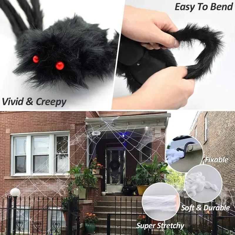 Halloween Big Plush Spider Horror Halloween Decoration Party Prop Outdoor Giant Spider Decor 30-200cm Chamber Prank Black Spider