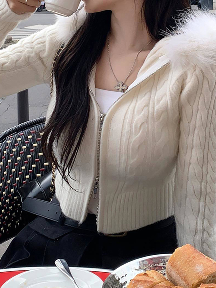 IAMSURE Süße Pelzigen Trim Mit Kapuze Gestrickte Abgeschnitten Strickjacken Schlank Zipper Langarm Pullover Frauen 2023 Herbst Winter Mode Dame