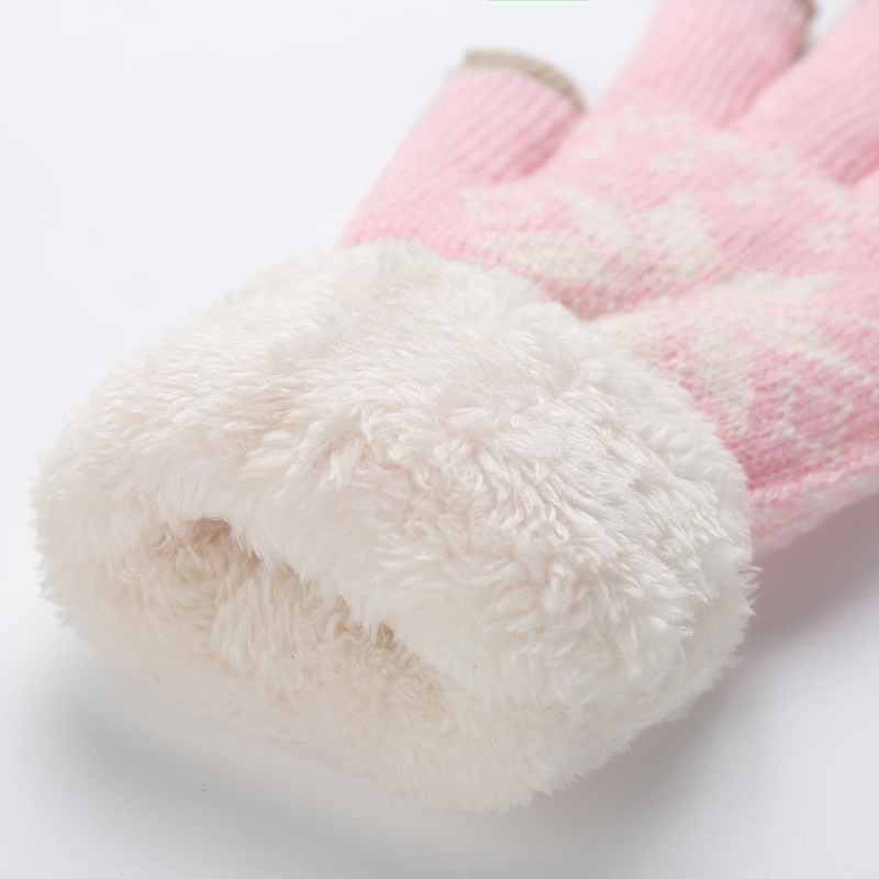 Rimiut grosso cashmere duas camadas luvas de inverno para mulheres floco de neve padrão de malha dedo cheio esqui & luva tela toque