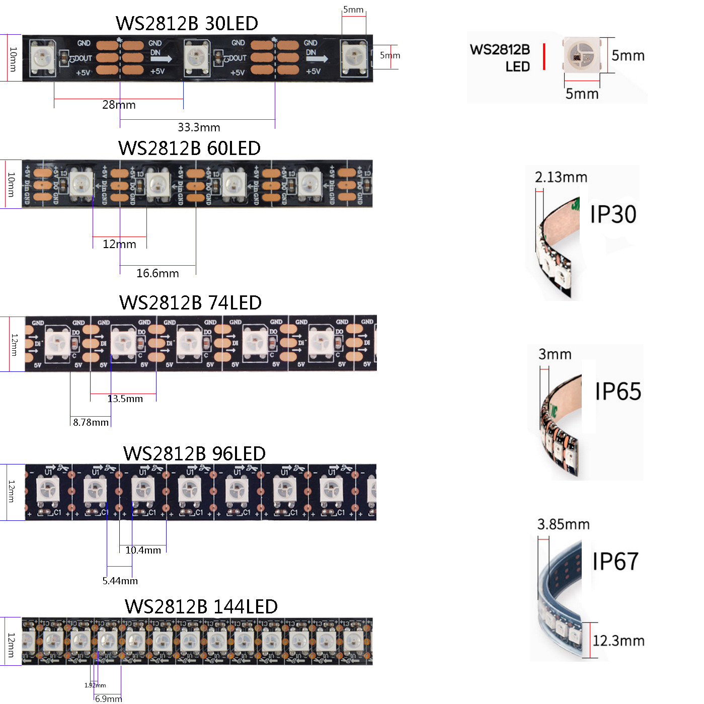 Tira de LED WS2812B direccionable individualmente tira de LED RGB inteligente resistente al agua con 28 teclas Kit de controlador de música Bluetooth DC5V