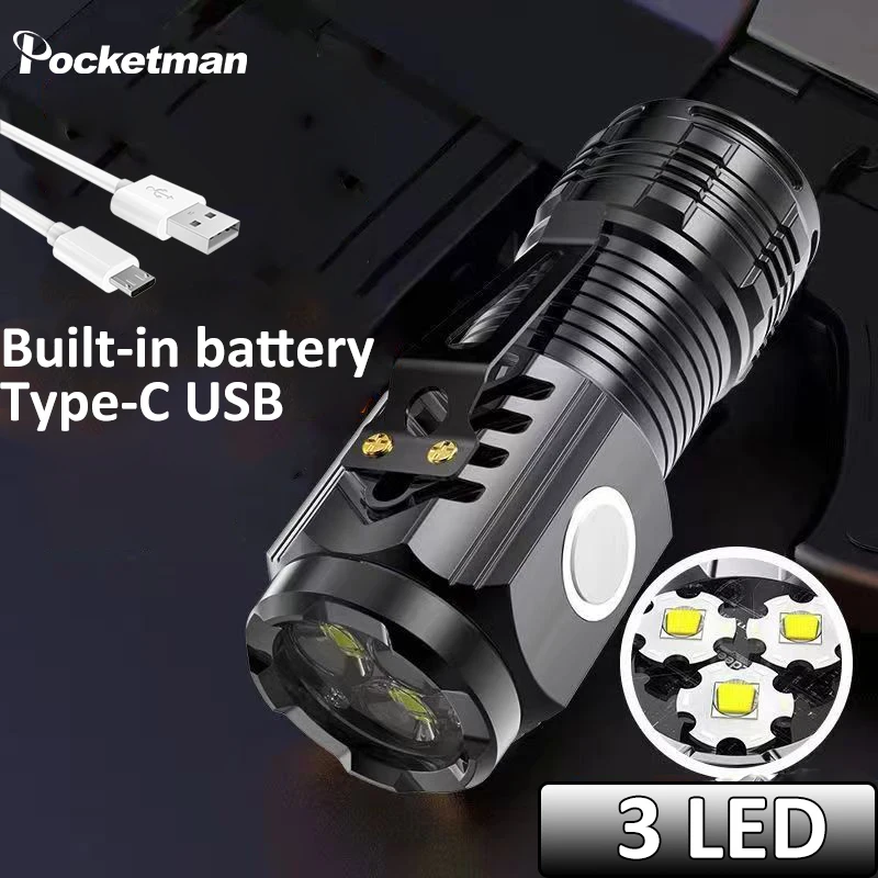 Mini Flashlight High Lumen 3 LED Emergency Light 5 Modes USB Rechargeable Flashlights Pocket Small Torch with Clip