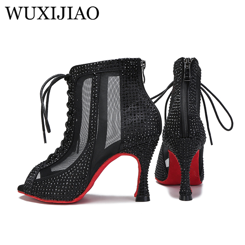 Wuxijiao sapatos de dança latina de cano alto feminino preto strass vermelho sola macia sapatos de salão salsa tango sandálias de festa