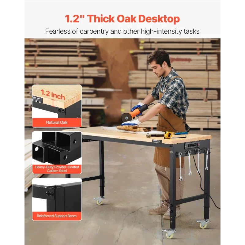 VEVOR 60-Inch Adjustable Workbench, 2000 lbs Load, Work Bench with Power Outlet, Wheels, and Pegboard, Heavy Duty Oak Wood