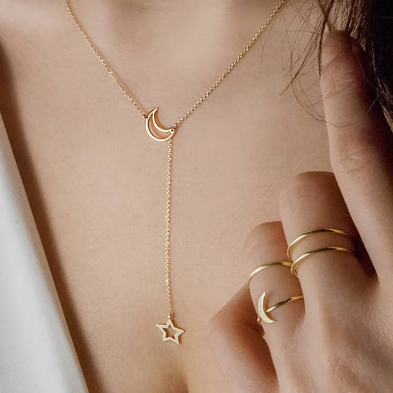 Mới Đơn Giản Trăng Sao Mặt Dây Chuyền Vòng Cổ Choker Đơn Giản Màu Vàng Charm Hợp Kim Dây Chuyền Collares Vòng Đeo Cổ Cho Nữ Trang Sức Dự Tiệc
