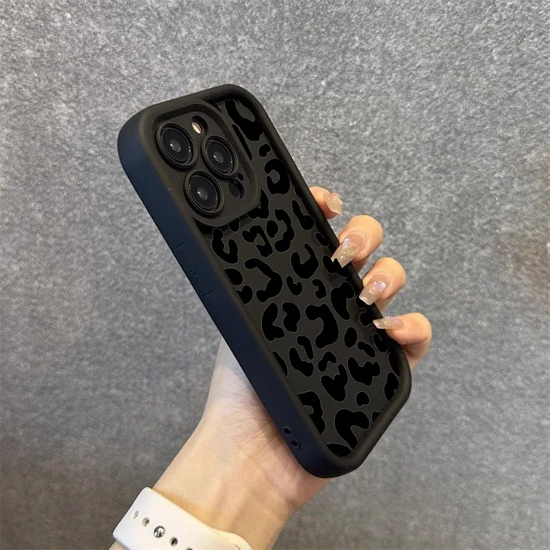 Black Leopard Print Pattern Silicone Phone Case For iPhone 11 12 13 14 15 16 Pro Max 16E X XS XR 7 8 Plus SE 2 Shockproof Cover