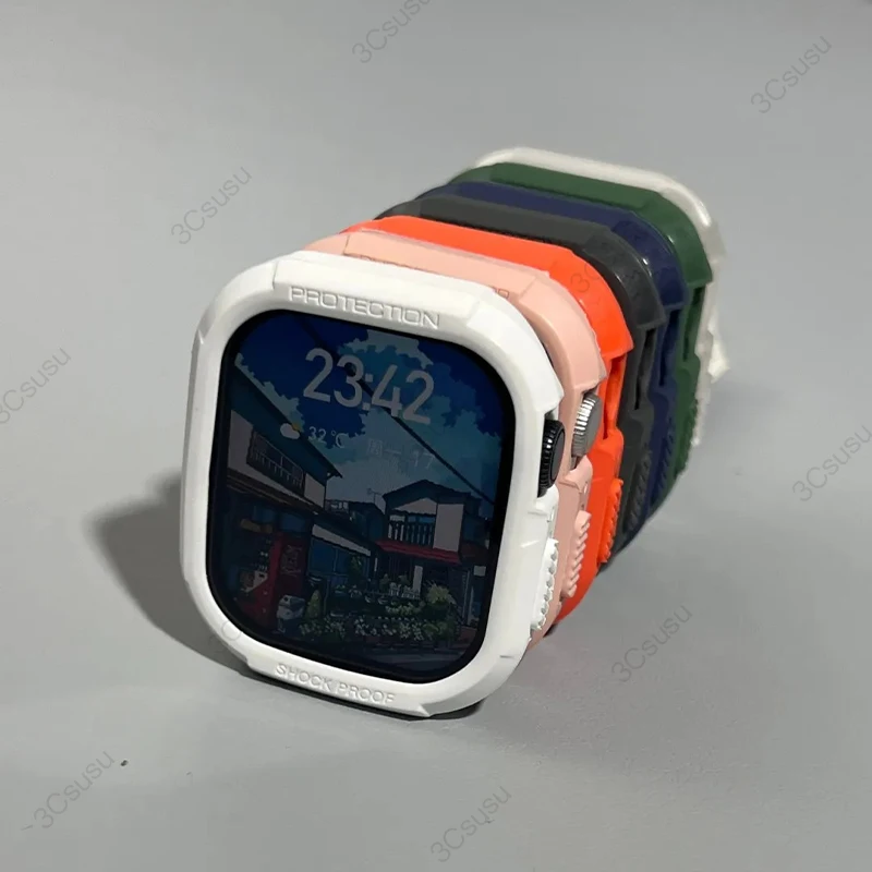 Funda de silicona y correa para Apple Watch Series 9, 45mm, 41mm, 8, 7, Iwatch Ultra 2 Series 6 5 4 SE, funda protectora de pulsera de TPU