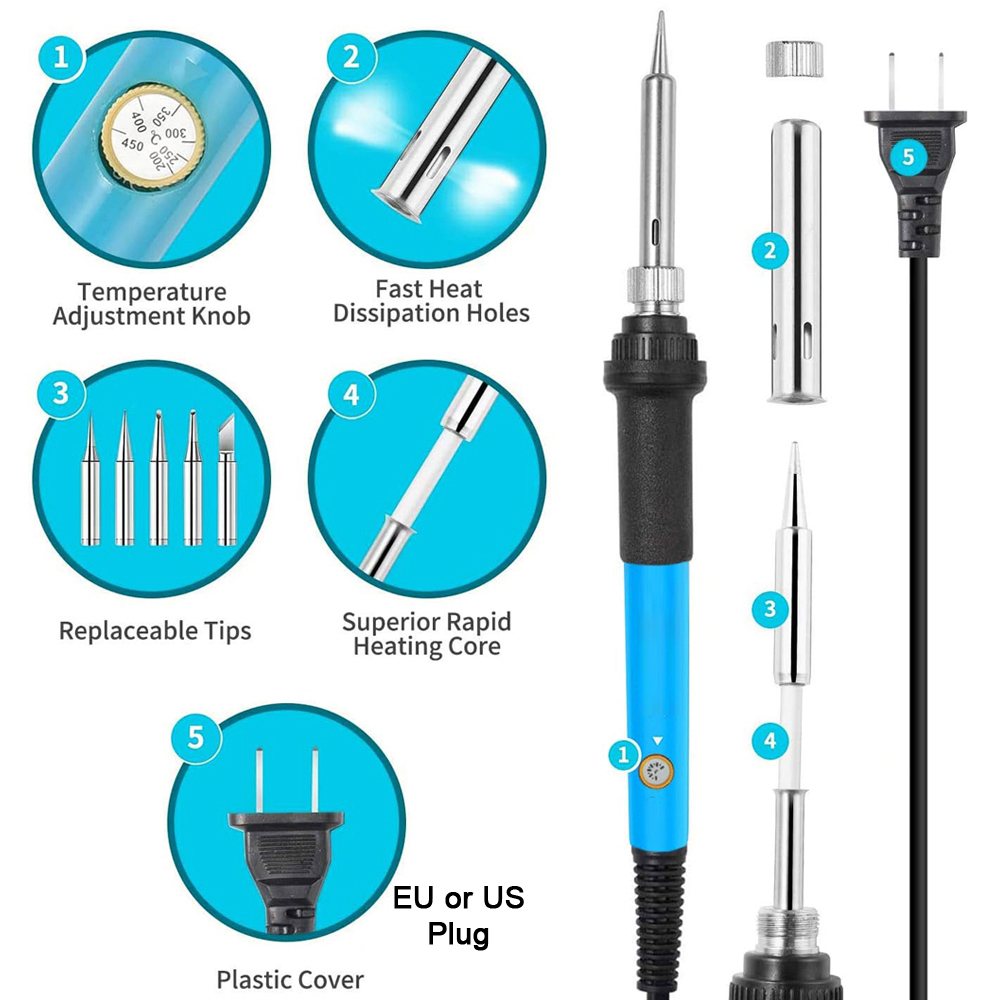 19-IN-1-Lötkolben-Set, Schweißwerkzeug, Lötset mit LCD-Digitalmultimeter, 60 W, Lötkolben, 5 zusätzliche Spitzen, EU/US-Stecker