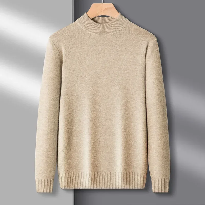 Men's Mock Neck 100% Pure Woolen Sweaters Autumn Winter Warm Cashmere Sweater Solid Knitted Pullovers for Men Slim Knitwear Tops