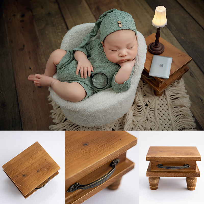 Accesorios de mesa de fotografía recién nacido, Mini mesa de té Retro de madera, taburete redondo, decoración de sesión de fotos de bebé de luna llena, accesorios de estudio