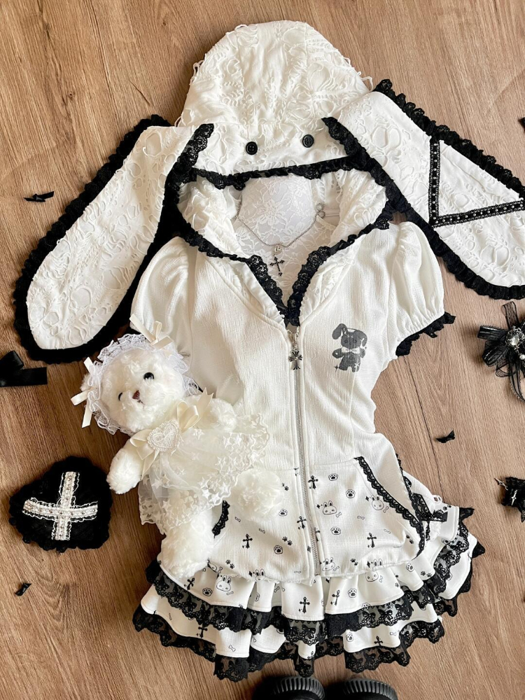 Японский сладкий JK Kawaii комплект из 2 предметов для девочек, топы с капюшоном на молнии + короткая юбка-тортик, новый модный кружевной лоскутный милый костюм, лето 2025