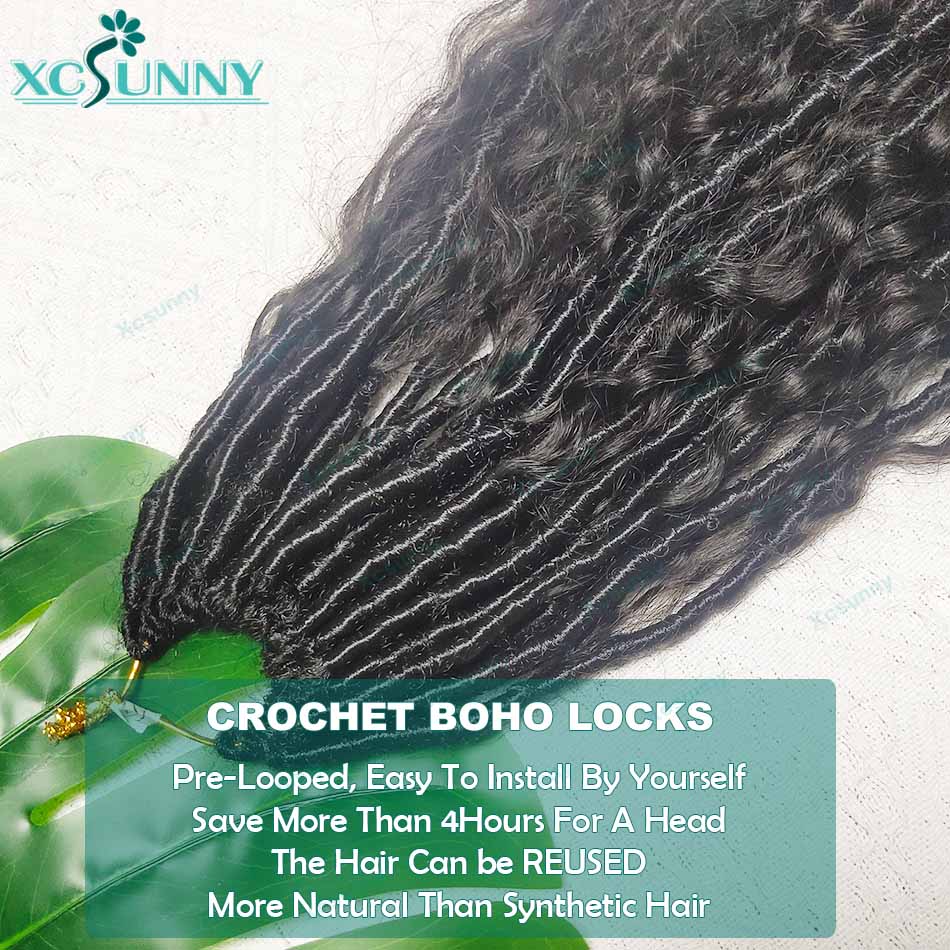 โครเชต์ Boho locs กับเส้นผมมนุษย์หยิกก่อน looped โครเชต์ผมหยิกเจอร์รี่ปลายเส้นผมมนุษย์สำหรับผู้หญิงสีดำสังเคราะห์ locs
