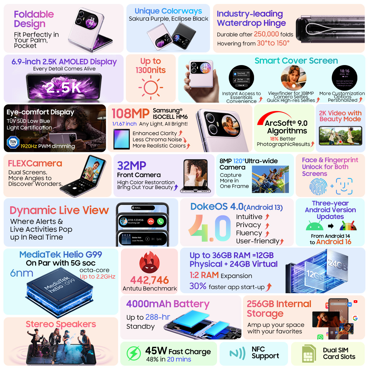 2024 Blackview HERO 10 Smartphone Pantalla plegable AMOLED de 6,9 pulgadas MTK Helio G99 12GB 256GB Cámara de 108MP 4000mAh 45W Carga NFC