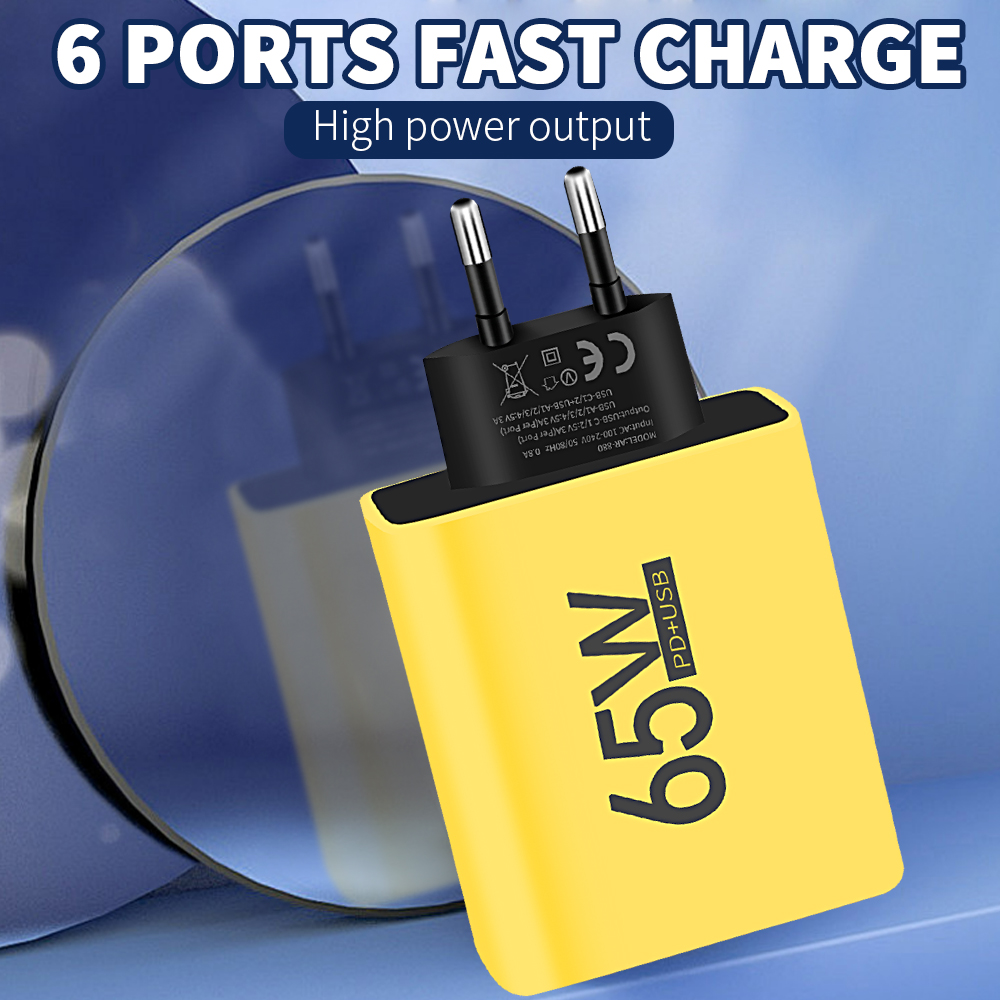Cargador de teléfono USB de 65W, 6 puertos tipo C, carga rápida QC3.0 para iPhone, Samsung, Xiaomi, enchufe UE/EE. UU., adaptador de cargadores de pared de carga rápida