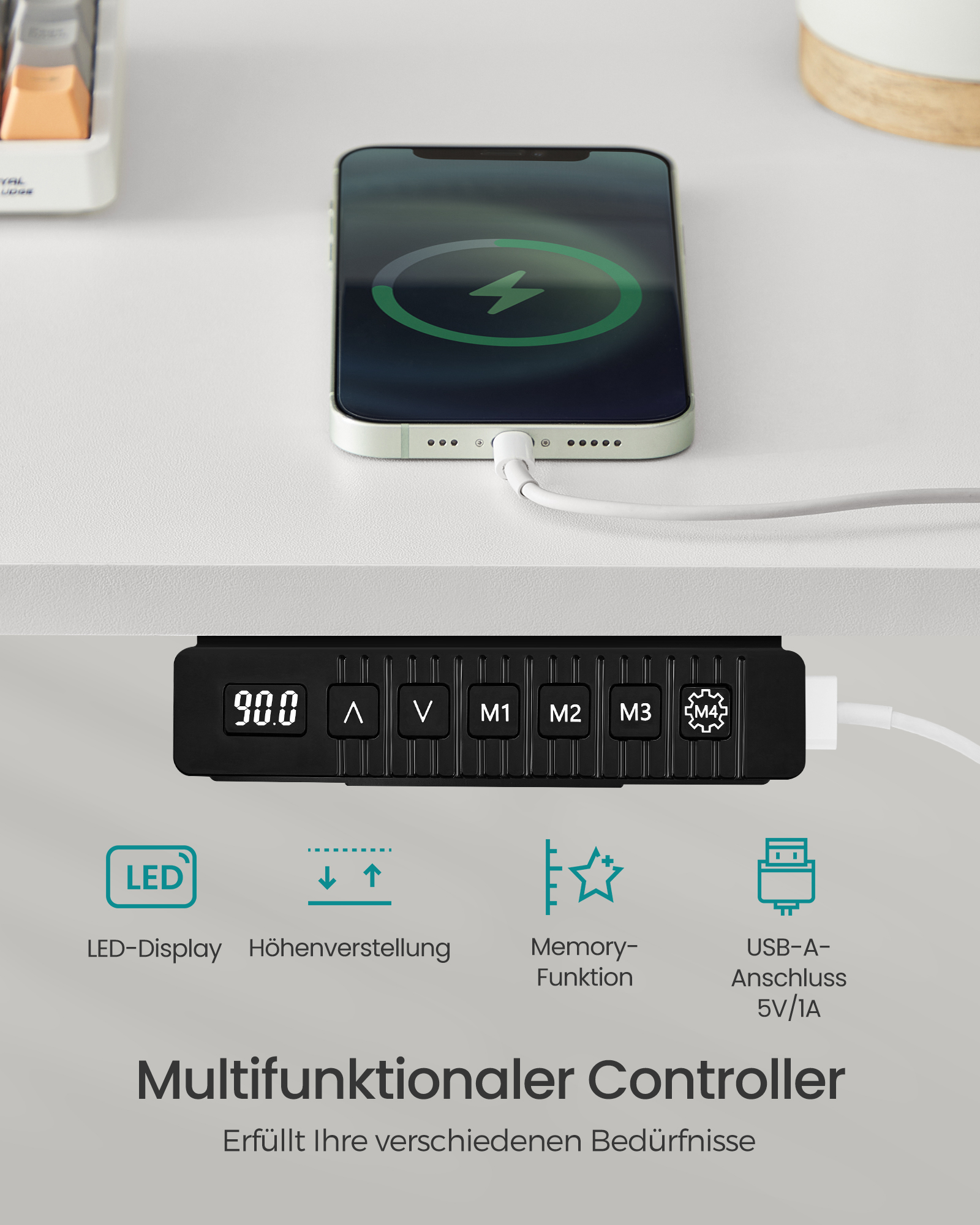 SONGMICS In hoogte verstelbaar bureau elektrisch, 60x120 x (72-120) cm, continu verstelbaar, gesplitste plaat