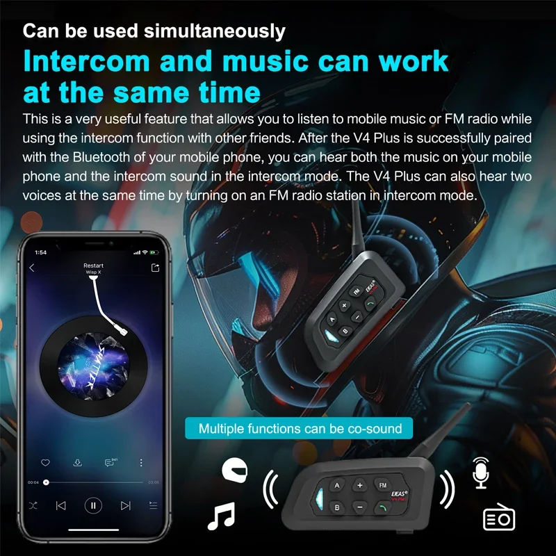 オートバイ用Bluetoothヘッドセット,ヘルメット用通信デバイス,4人用FMラジオ,リアルタイム通話,EJEAS-V4 plus