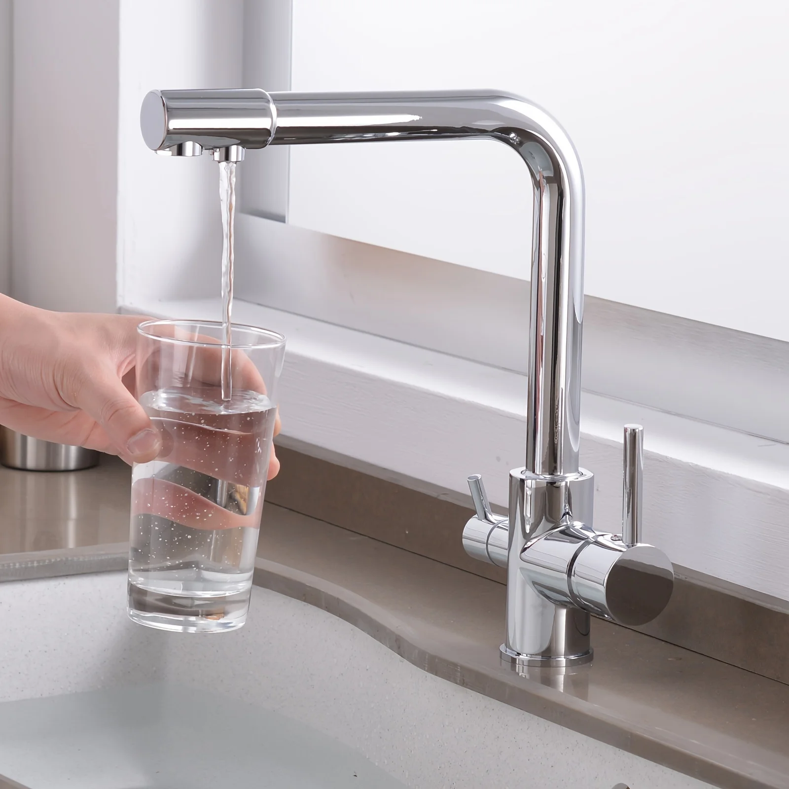 Grifo de cocina cromado, caño giratorio doble, filtro purificador de agua potável, fregadero de latón, grifo misturador 3 em 1