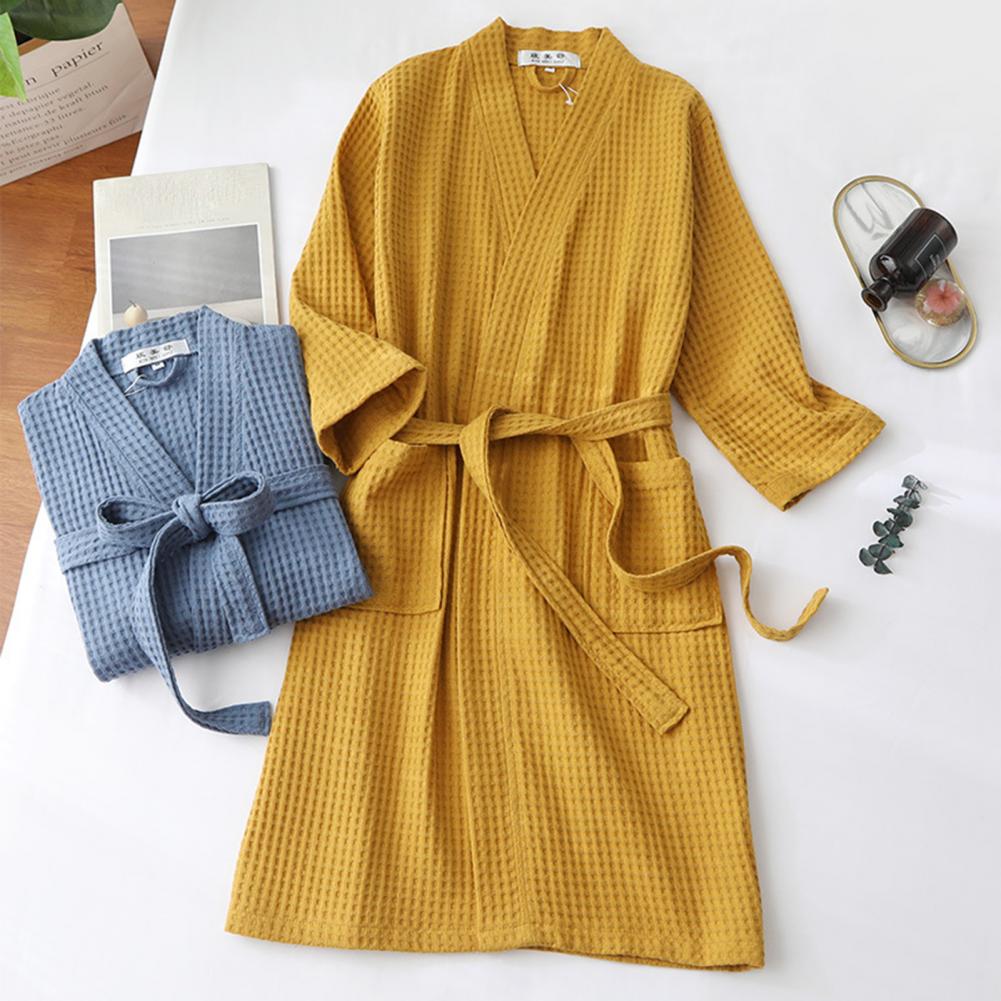 Lange Waffel Bademantel Unisex Herren V-Ausschnitt Schnür Nachthemd mit Taschen lose Langarm Nachtwäsche Handtuch Bademantel für Hotel