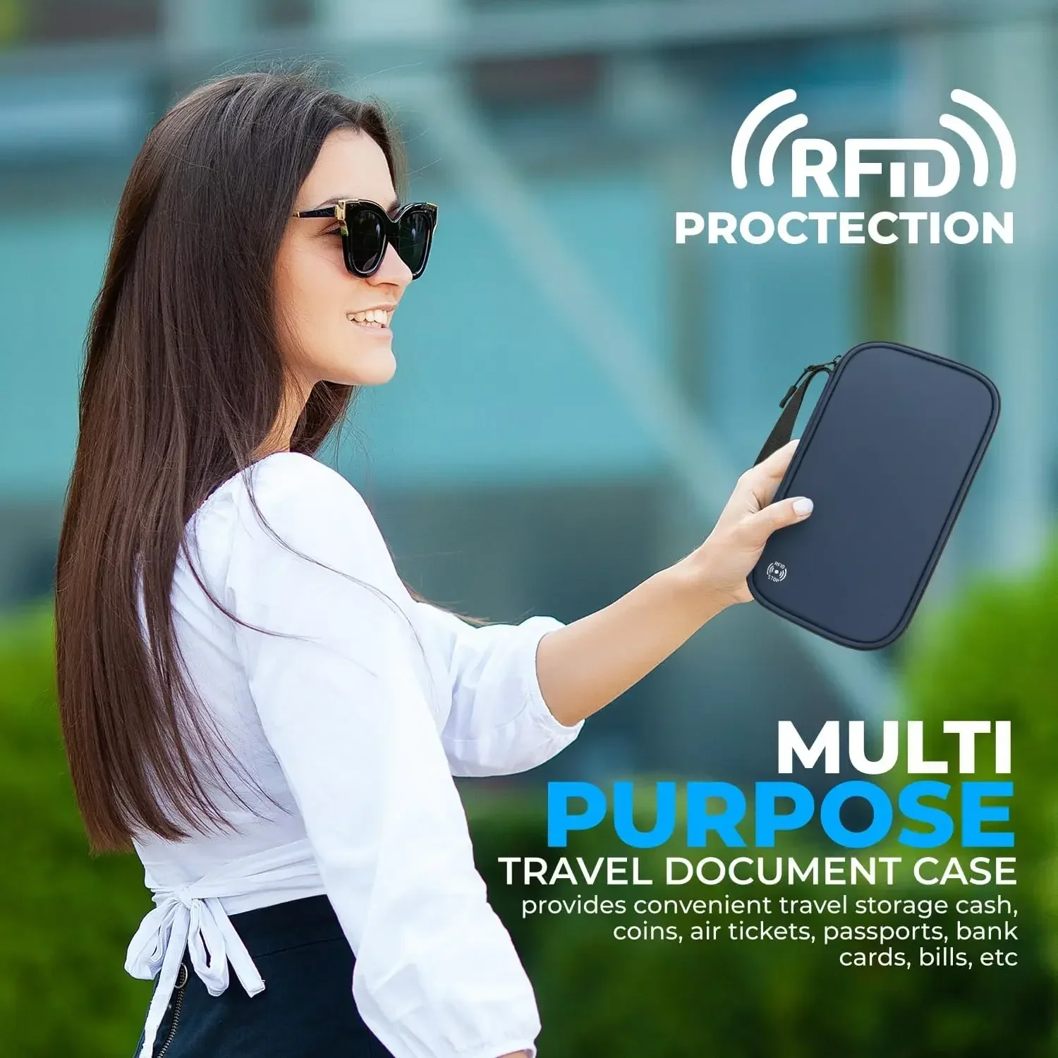 Capa leve para passaporte de viagem familiar, carteira com zíper, bolsa organizadora de documentos oxford com alça de pulso removível para mulheres e homens