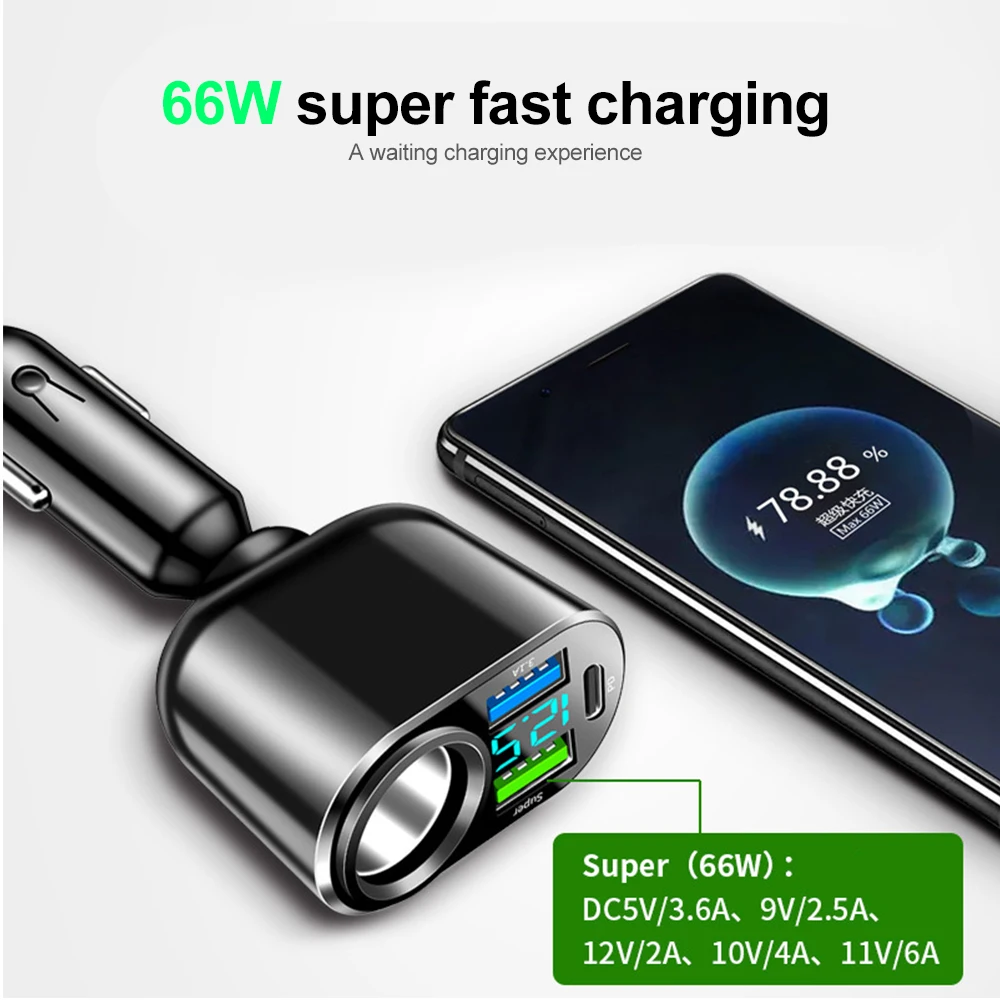 Adaptador de encendedor de cigarrillos de coche QC3.0 PD de 66W, cargador de teléfono de carga rápida USB, cargador de coche Universal de 12V-24V para iPhone, Samsung y Xiaomi