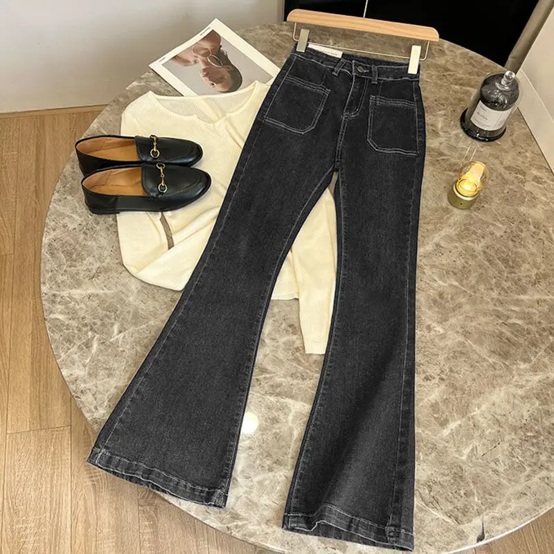 Pantalones vaqueros holgados de cintura alta para mujer, Vaqueros ajustados con bolsillos, acampanados, clásicos, elásticos, rectos, combinan con todo