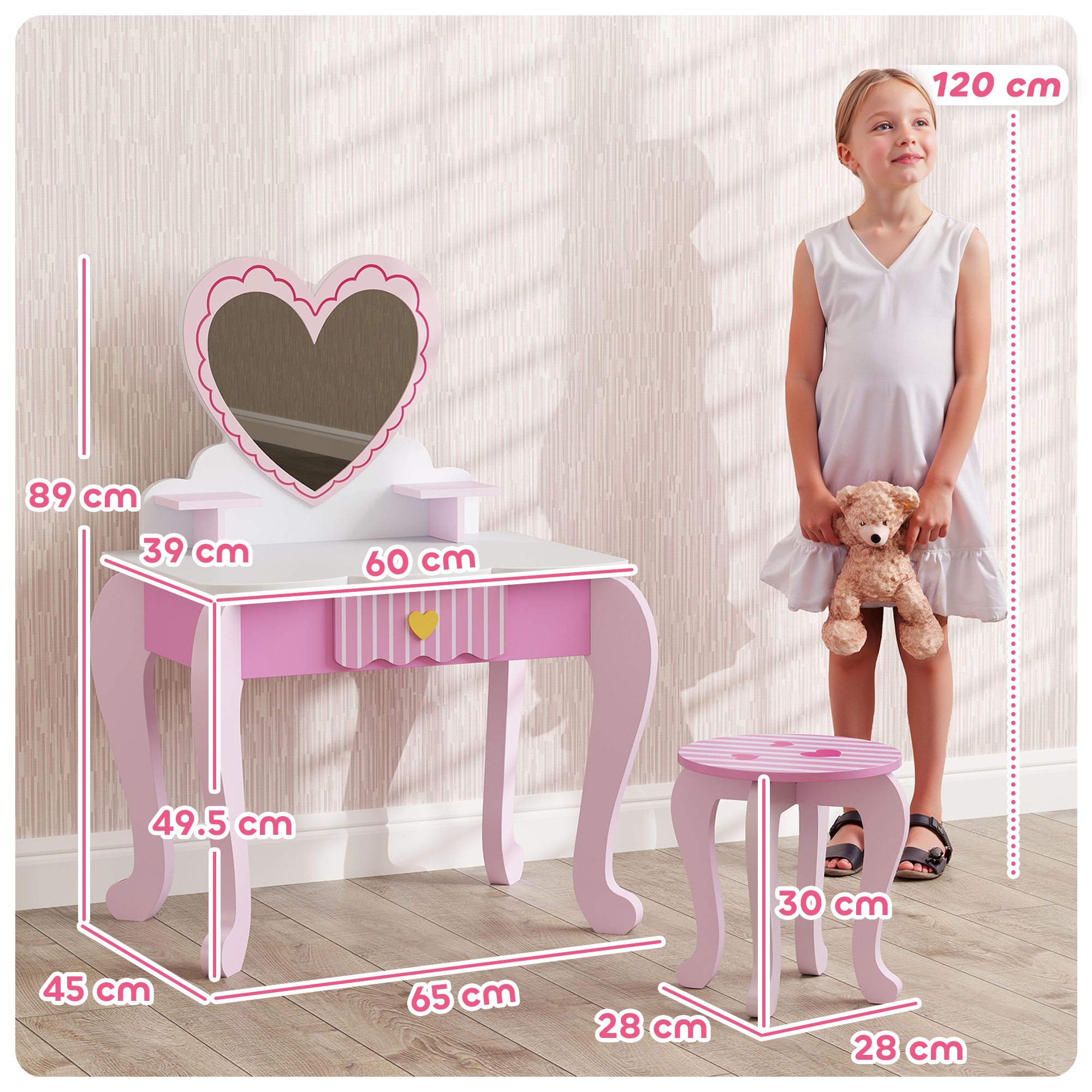 AIYAPLAY 2 PCS Kids Dressing Table Set with Stool, Mirror, Drawer, Desktop Storage, Heart Theme Girls Makeup Desk & Chair, Pink