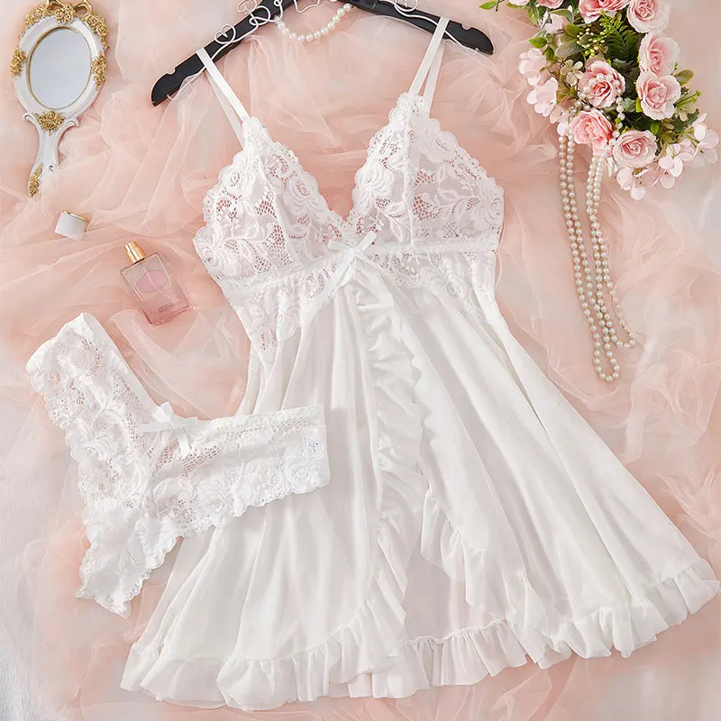 2 pçs conjunto de camisola de renda feminina requintado homewear pijamas transparente divisão camisola com decote em v sutiã calcinha conjuntos