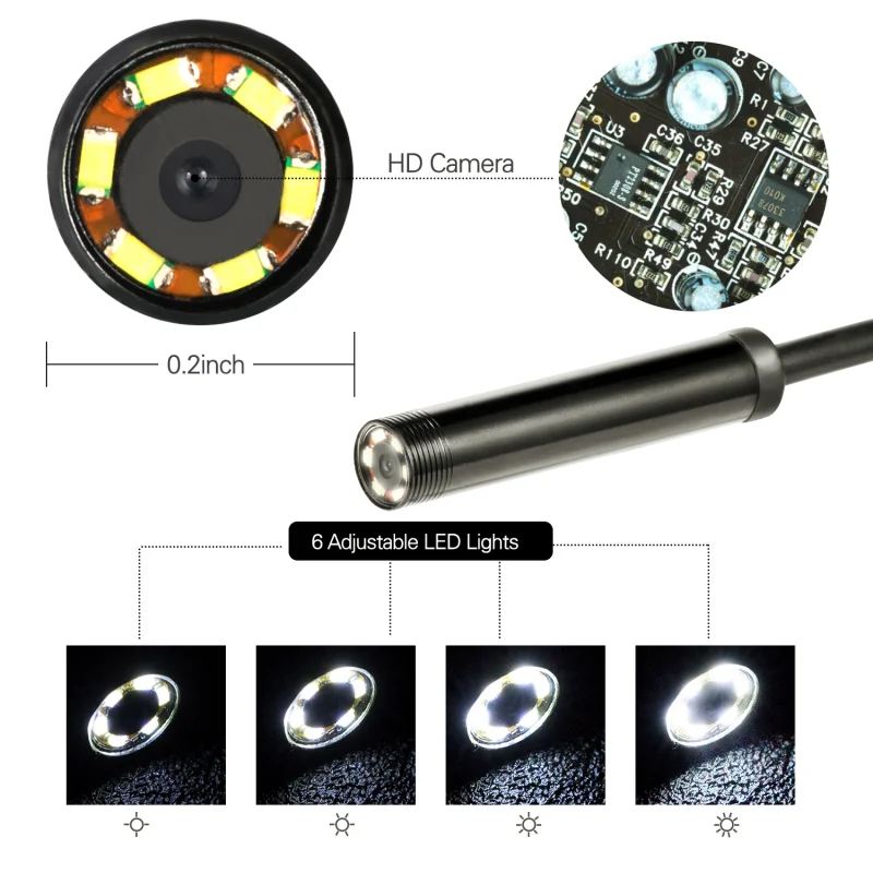 Adjustable 7.0mm USB Type-C Endoscope Camera Android PC 2m Flexible Snake Inspection Scope Borescope Camera with 6LEDs