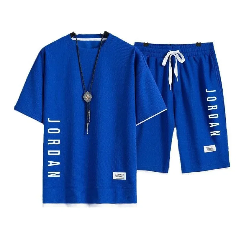 Conjunto de gofres de verano para hombre, camiseta informal de moda de marca + pantalones cortos, conjunto deportivo holgado, cómodo, para correr rápido, 2024