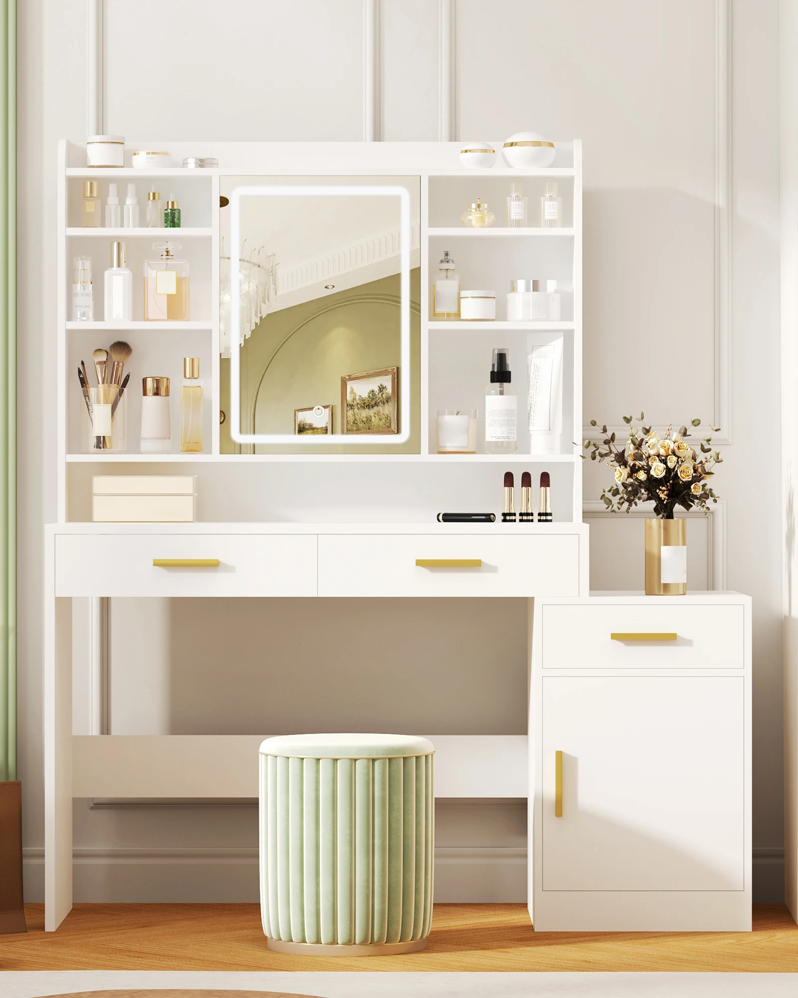 Hzuaneri Schminktisch, große Tischplatte mit Spiegel, 3 Schubladen und 1 Schrank, offene mehrstufige Regale, für Schlafzimmer, Kleiderschrank