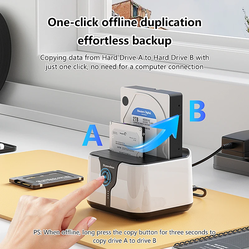   Blueendless 2-Schacht-HDD-Box-Gehäuse, HDD-Dockingstation, SSD-Gehäuse, Dual-Schachtel, Offline-Klon, SATA auf USB 3.0-Adapter für 2,5 3,5 SSD-Festplatte