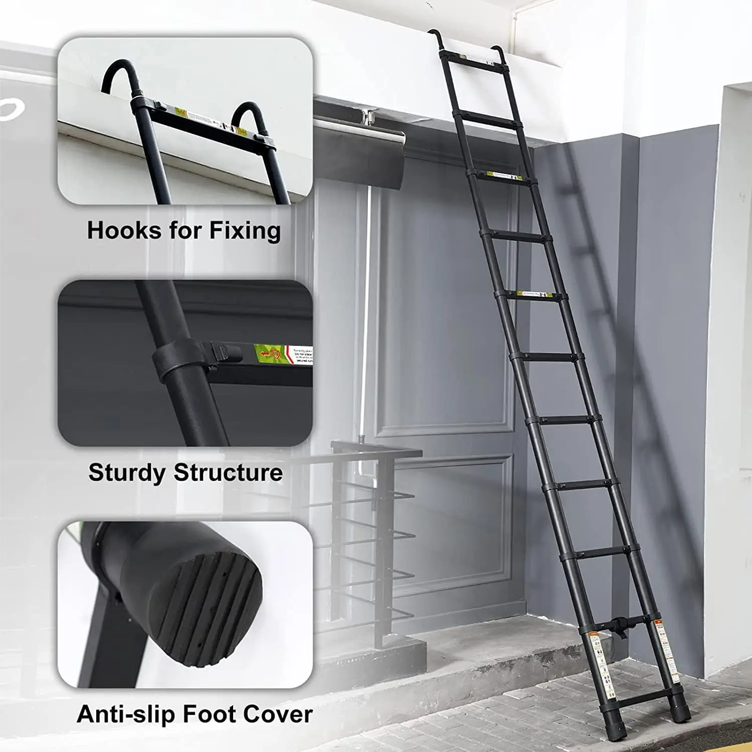 Telescopic Ladder 3.2M Aluminum Telescoping Ladder with Non-Slip Feet,Multi-Purpose Extension Straight Ladder with 2 Hook,150kg