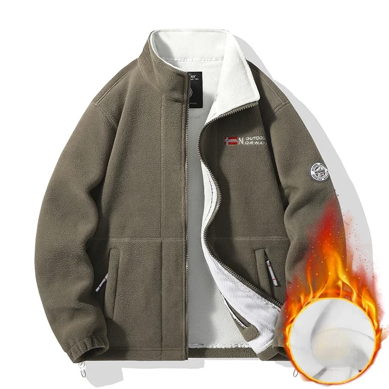 Winter Warm Fleece Jacket Men's Climbing Double Thickened Pocket Jacket Outdoor High Collar Windproof Ski Sweatshirt Coat Men