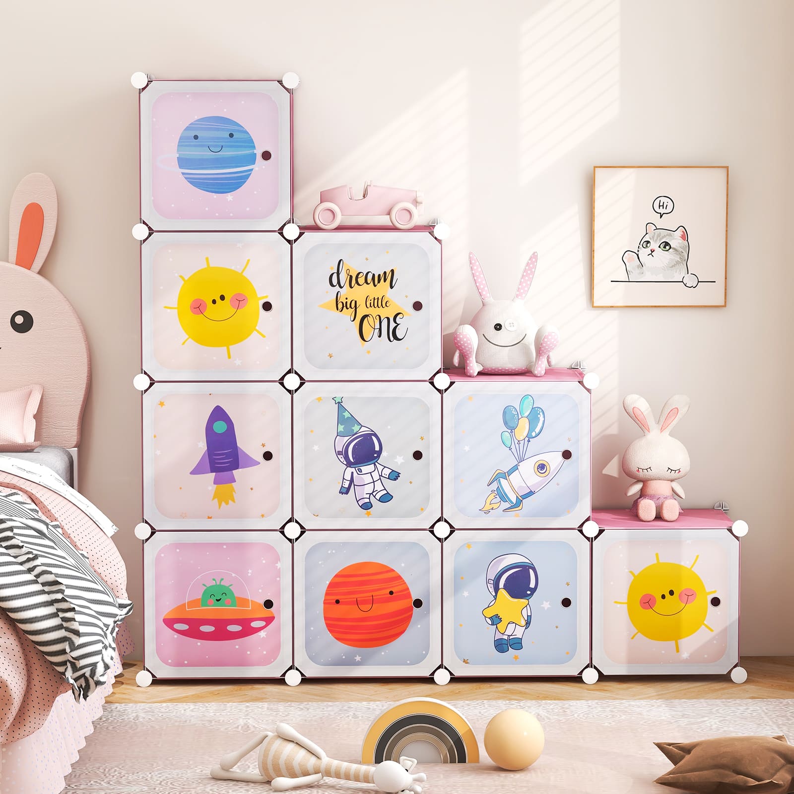 DORTALA Portable Children Wardrobe 12 Cubes Kid Closet Dresser Storage Organizer-Pink