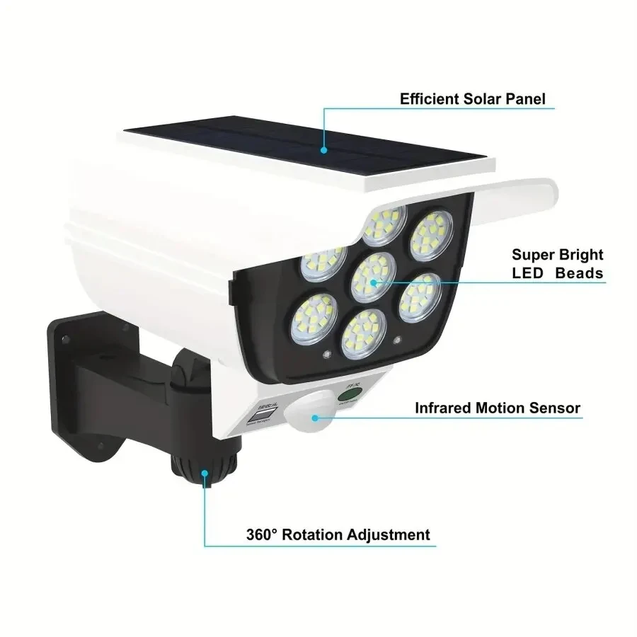 77 LED กลางแจ้ง Motion Sensor พลังงานแสงอาทิตย์ไฟ FloodLight กันน้ําไร้สาย Dummy Decoy กล้องรักษาความปลอดภัยปลอมสําหรับ Porch Garden Patio