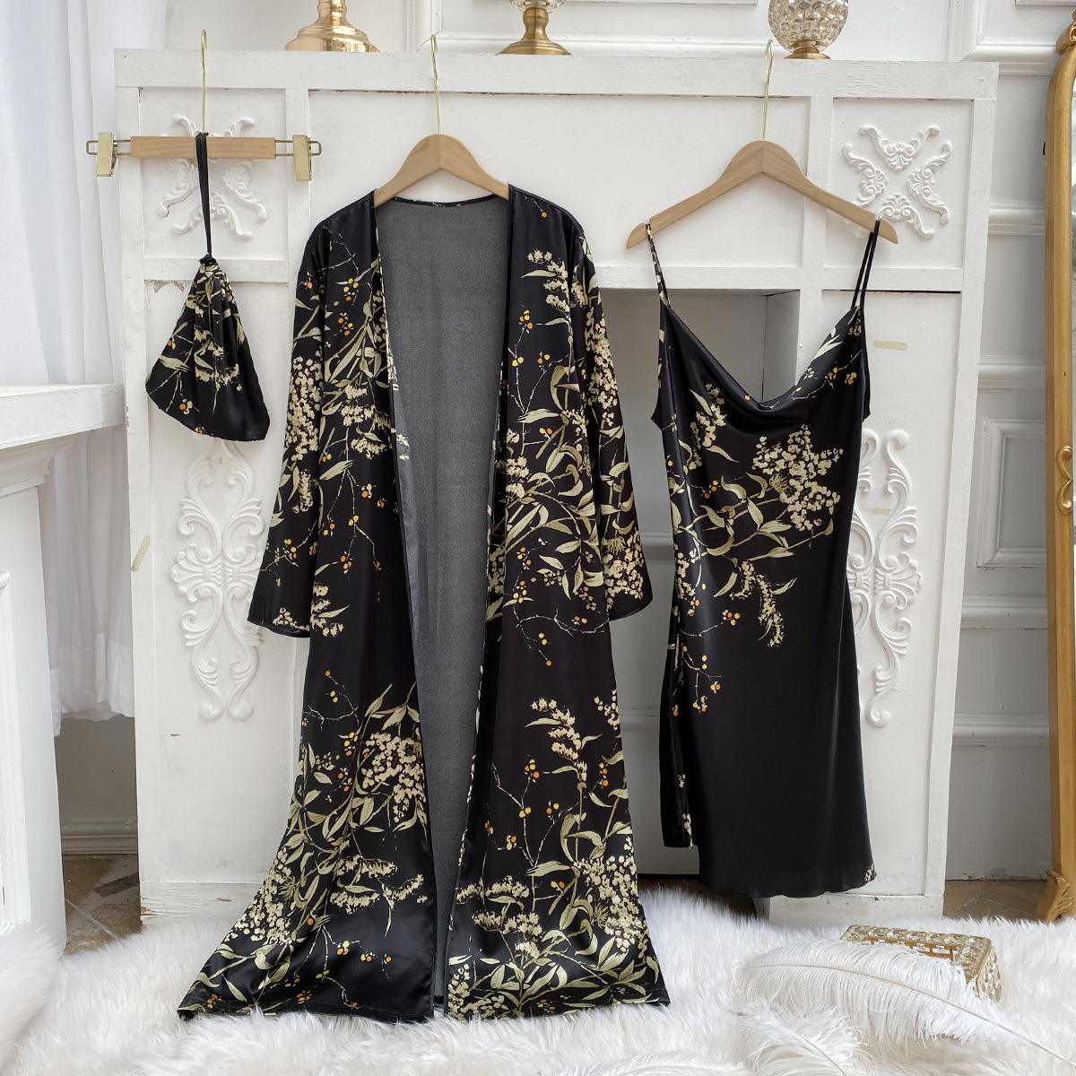 Mulheres de cetim V-Neck Sleepwear, Print Robe, Fato do sono, Nupcial Kimono Roupão, Vestido Lingerie, Strap Camisola, Loungewear, 2 peças