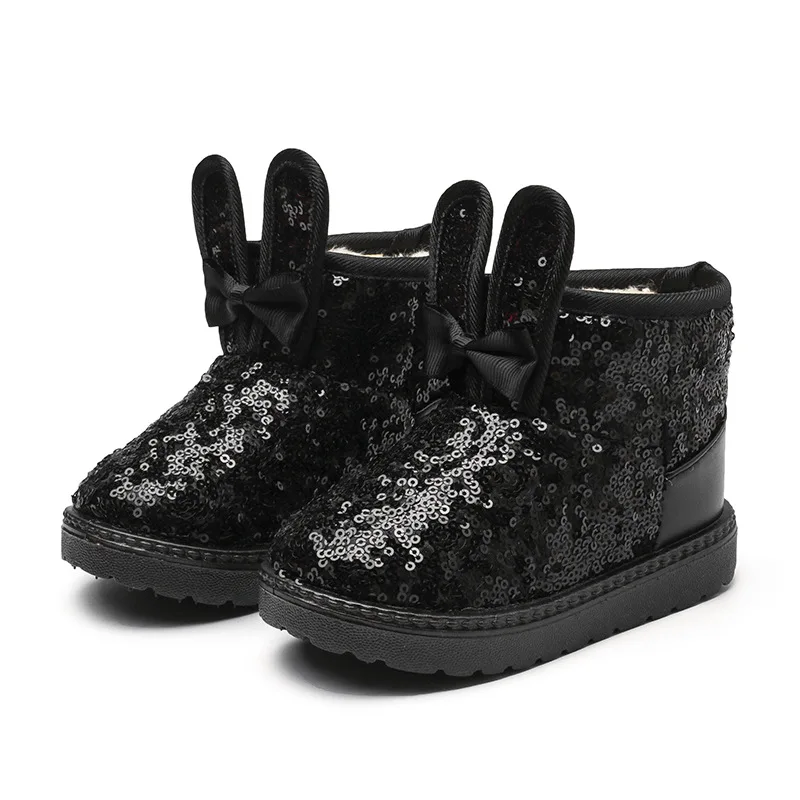 2024 子供スノーブーツ女の子のためのスパンコールウサギの耳の弓スリッポンプリンセスぬいぐるみ靴ソフトかわいいブリンブリンアンクルブーツ暖かい 24-35