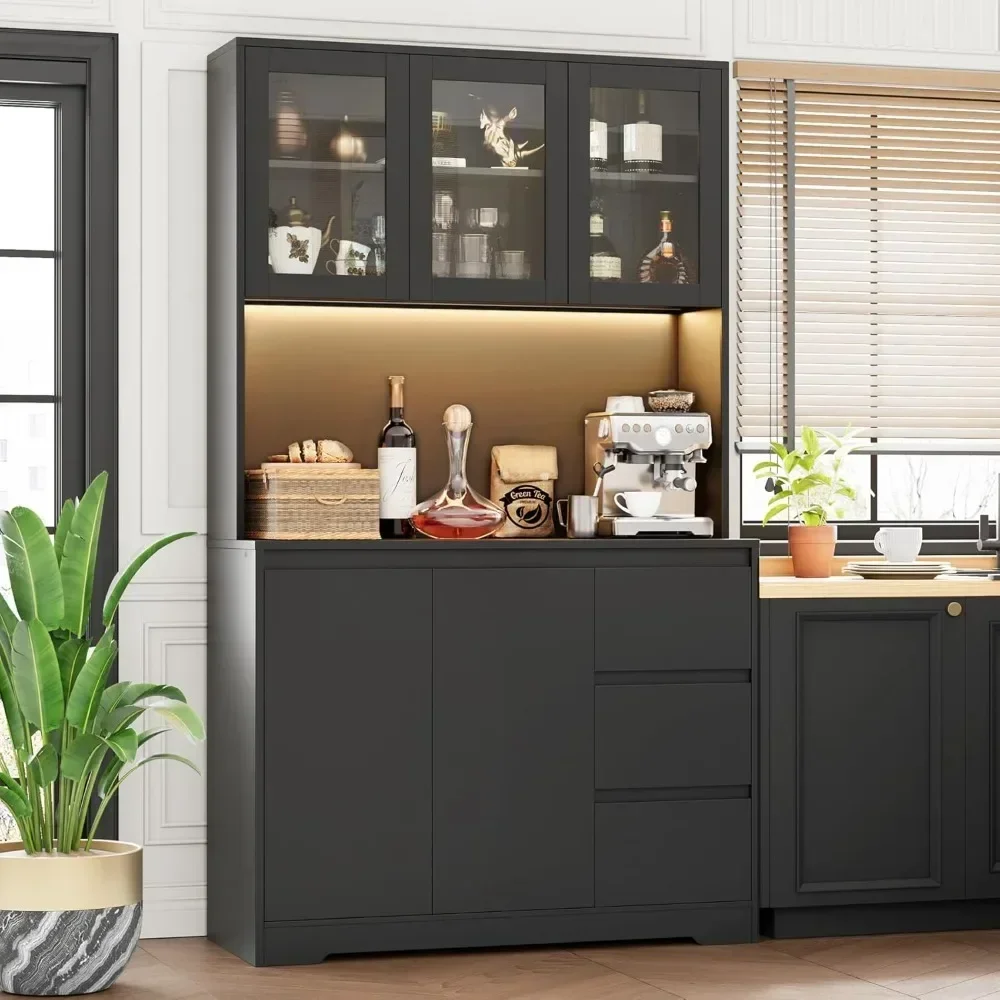 71" Kitchen Pantry Cabinet with LED Lights and Charging Station, Modern Kitchen Cabinet Hutch Cabinet with Storage