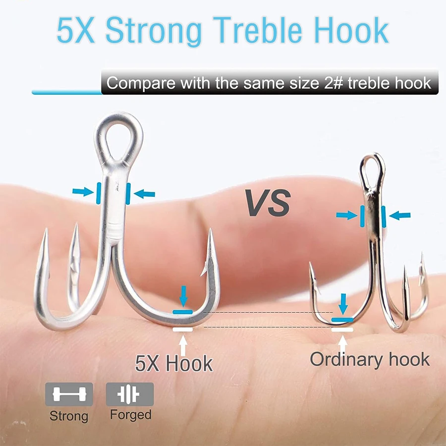 Treble Hooks 5X Strong Barbed Sharp Triple Fishing Hook สําหรับน้ําจืดและน้ําเค็ม 10 ชิ้น 2 #   4 #   6 #   8 #   10 #
