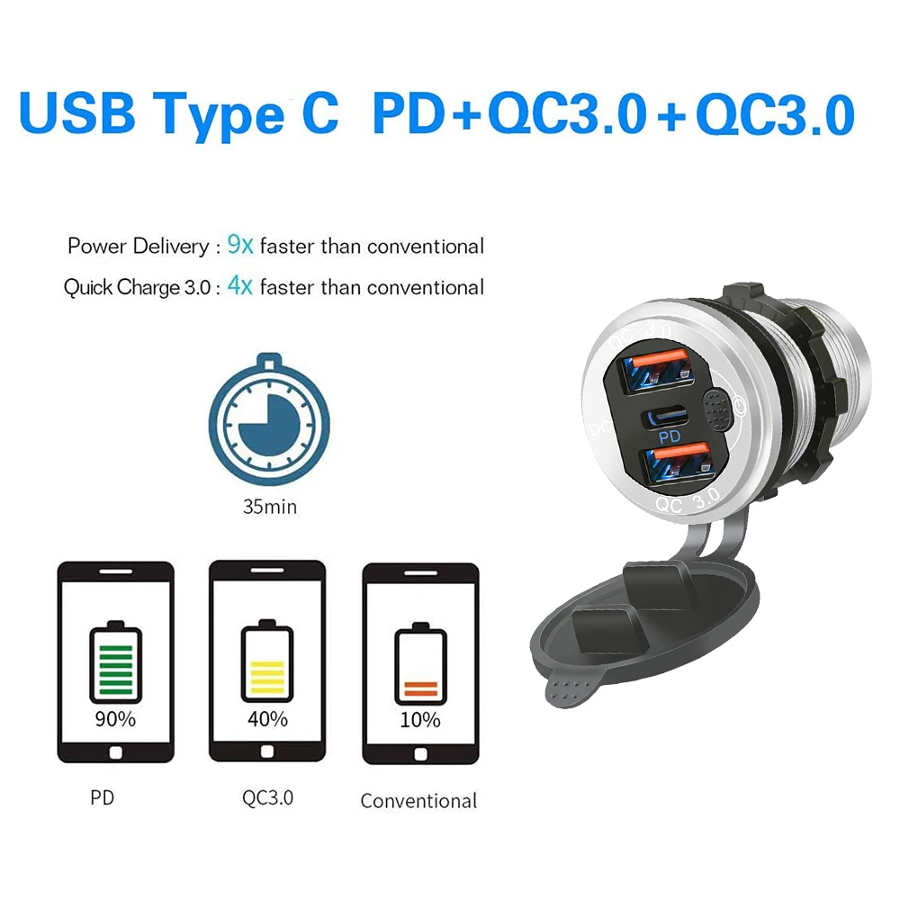 Cargador de coche múltiple USB tipo C de 12V/24V, puertos PD3.0 y QC3.0, resistente al agua con Interruptor táctil, adaptador de carga rápida para motocicleta y coche