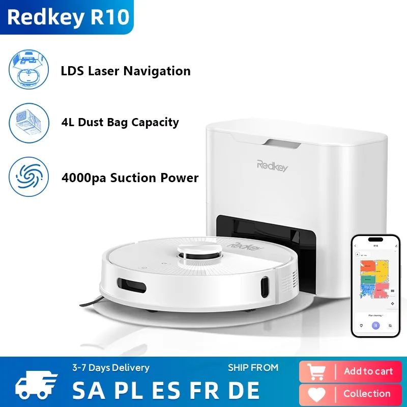 Redkey R10 Staubsauger und Wischroboter, 2-in-1-Roboter-Staubsauger, LDS 4000 Pa, automatischer Staubsammler, 4 l Staubbeutelkapazität, 18 mm Hindernisklettern