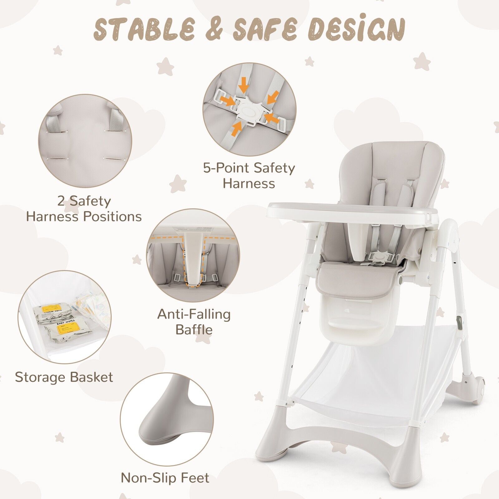 GOFLAME Folding Baby High Chair Adjustable Convertible High Chair W/ Detachable Cushion