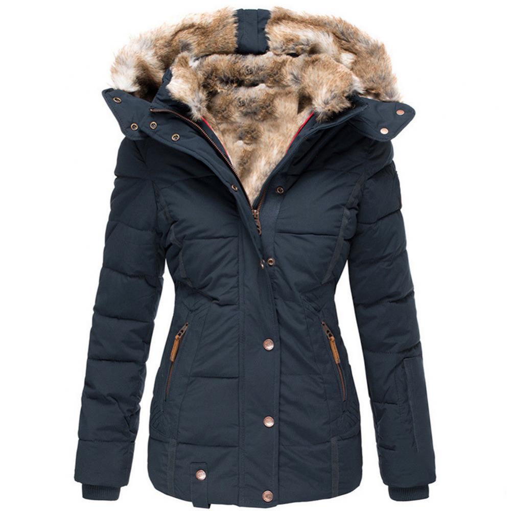 Abrigo de invierno con cuello de lana cálido para mujer, abrigo con capucha y cremallera de manga larga, chaqueta Parka informal de Color sólido a la moda