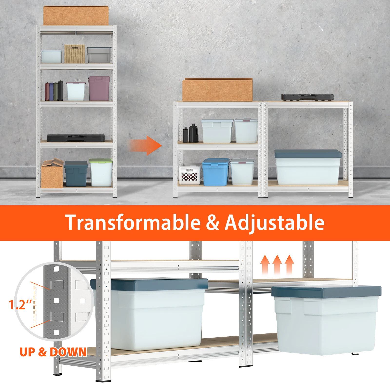 DayPlus Shelving Unit for Garage Shed Storage, 5 Tier Shelf Unit, Boltless Racking Adjustable Shelf Rack Unit Free Standing Work
