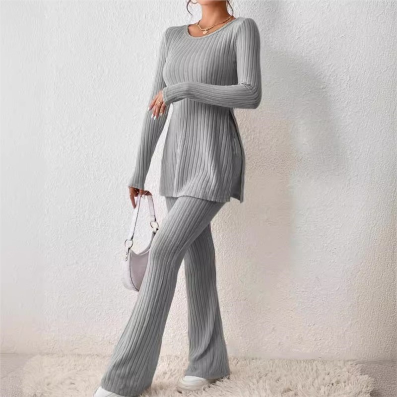 Otoño Invierno ropa de mujer nuevo estilo Color sólido Sexy Casual manga larga cuello redondo hendidura moda temperamento conjunto de dos piezas