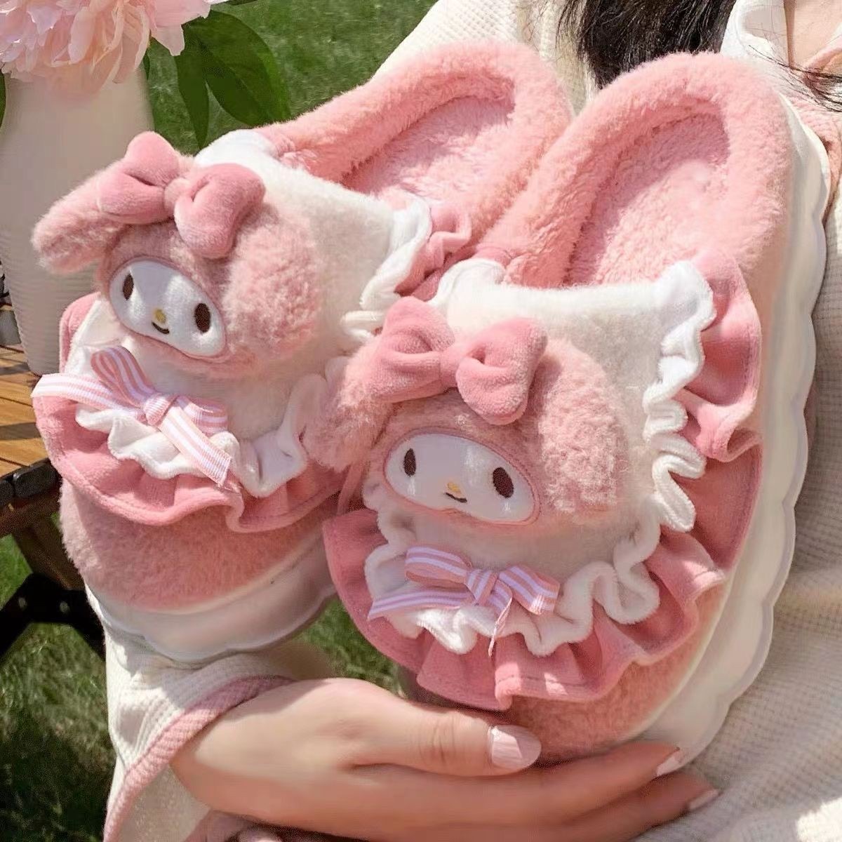 Sanrio hello kitty sapatos de algodão kuromi cinnamoroll feminino plushie dos desenhos animados de pelúcia kawaii sapatos planos chinelos sapatos de pelúcia presente y2k