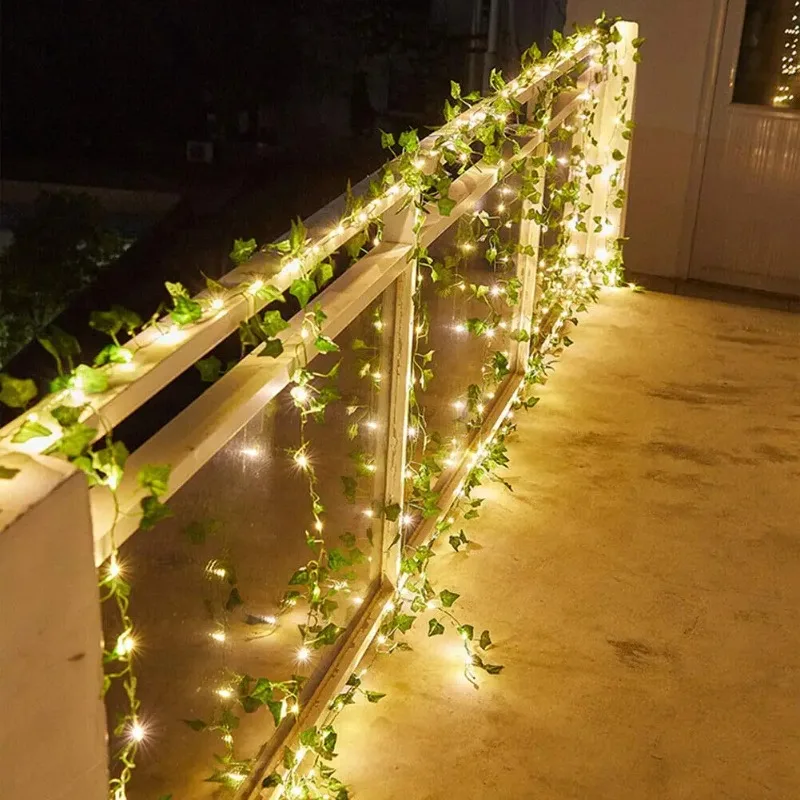 Luce solare a corda Foglia artificiale Fiore Luce Ghirlanda Decorazione Lampada per tende da camera per esterni per giardino di feste di nozze