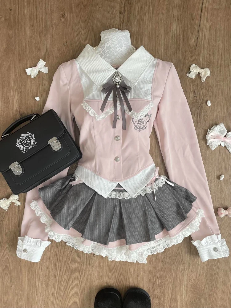 Wiosna Y2K Princess Outfits Women 2 Piece Sets Sweet Kawaii Bow Tops + Lace Pleated Skirt Female Retro Chic Preppy Style Clothes