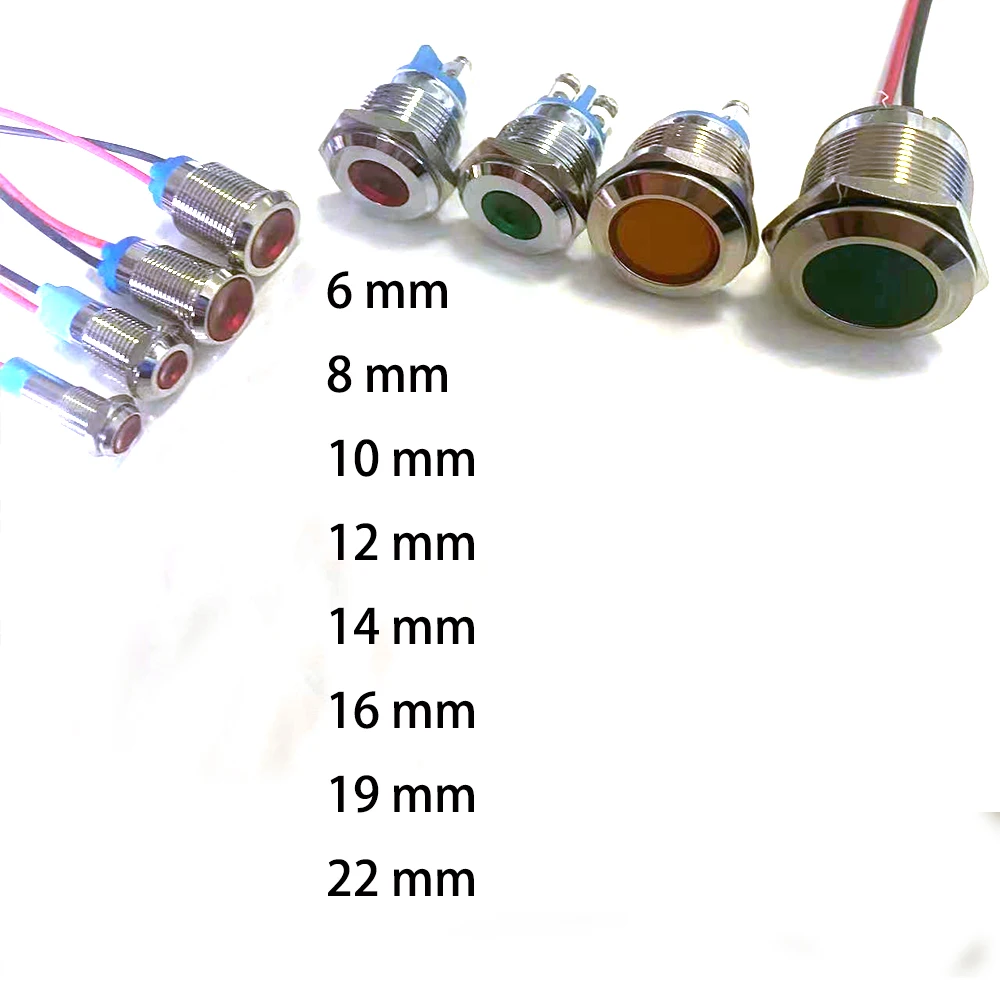 6Mm 8Mm 10Mm 12Mm 16Mm Kim Loại Đèn LED Cảnh Báo Đèn Báo Chống Nước IP67 Đèn Tín Hiệu Phi Công dây Chuyển Đổi 3V 5V 12V 220V Màu Xanh Đỏ